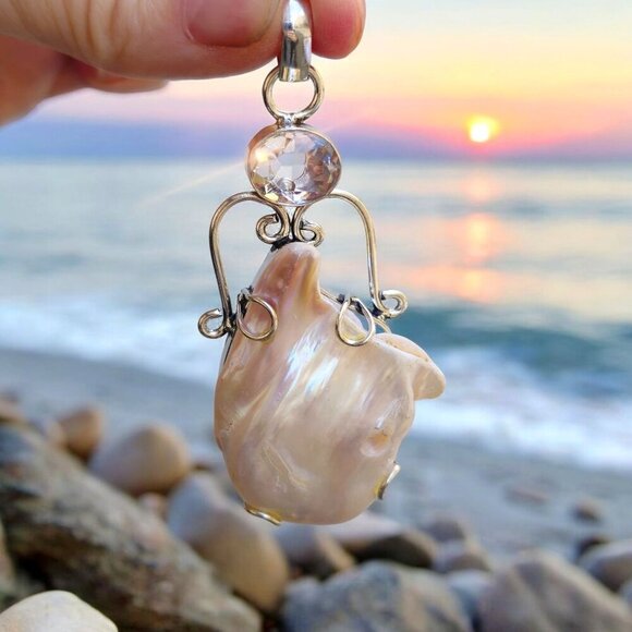 Natural Biwa Pearl ✦ Clear Quartz Pendant ✦ Vintage S925 Silver Handmade NWT - Picture 1 of 13